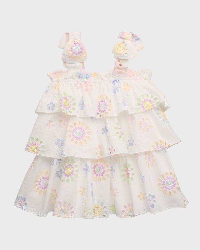 Girl's Eyelet Daisy-Print Tiered Dress, Size 2T-6